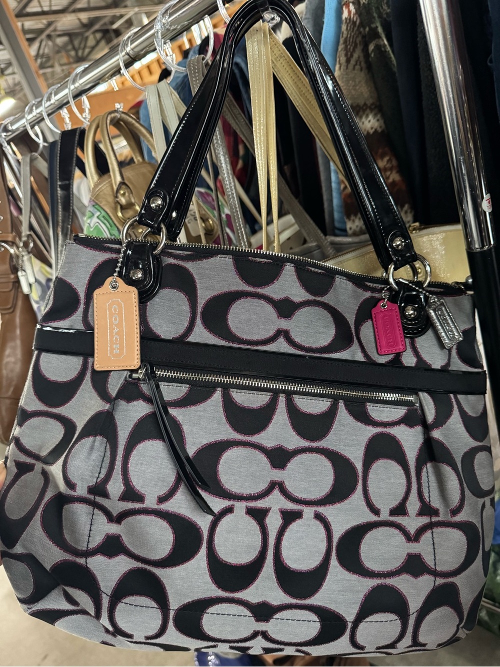 Coach Gray and Black Signature Tote with Pink Accent